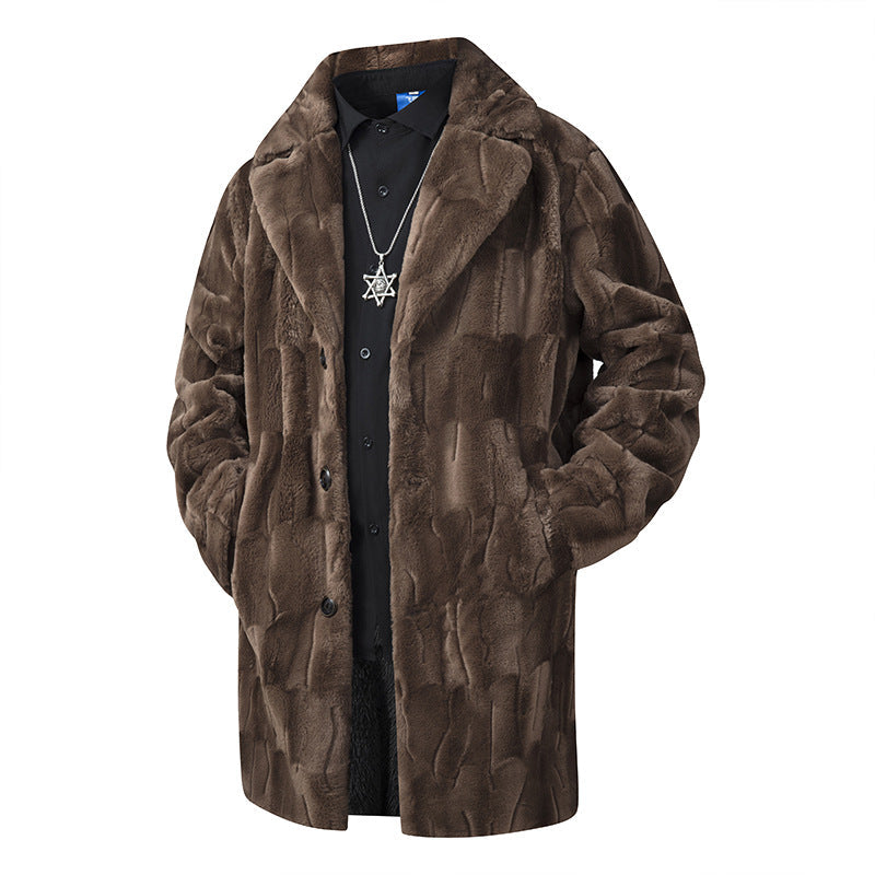 Herr Luxurious Lång Imitation Päls Kappa med Slagkrage och Mjuk Drape