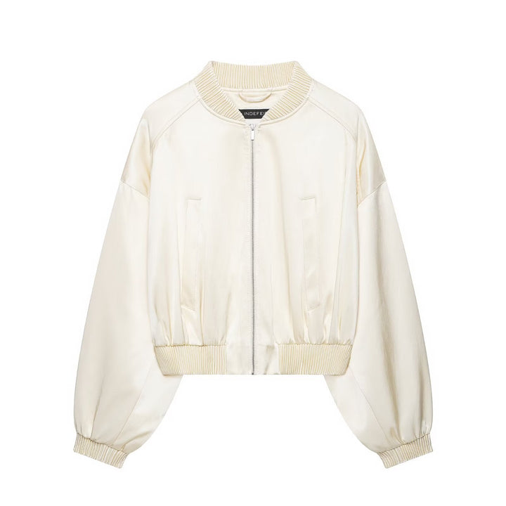 Dam Kort Satin Bomber med Oversize Balloon Ärmar och Ribbed Krage