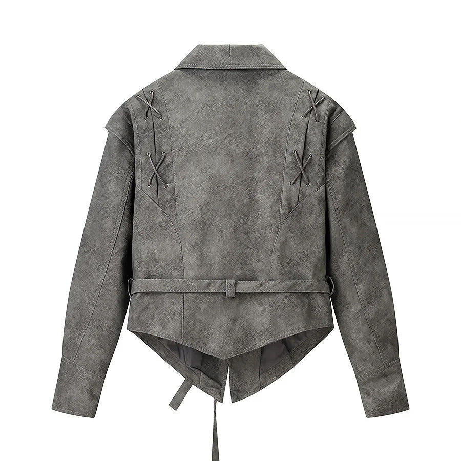 Dam kort jacka velour look med sjalkrage, midjebälte och lacing detail