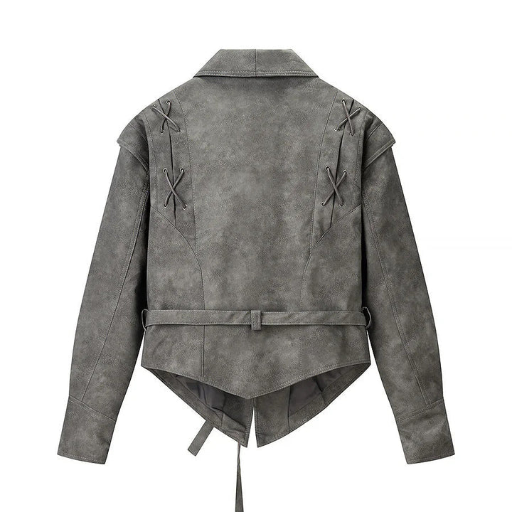 Dam kort jacka velour look med sjalkrage, midjebälte och lacing detail