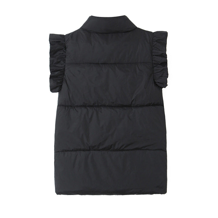 Dam sleeveless quiltad väst med ruffled ärmar, ståkrage, och concealed snap knappar