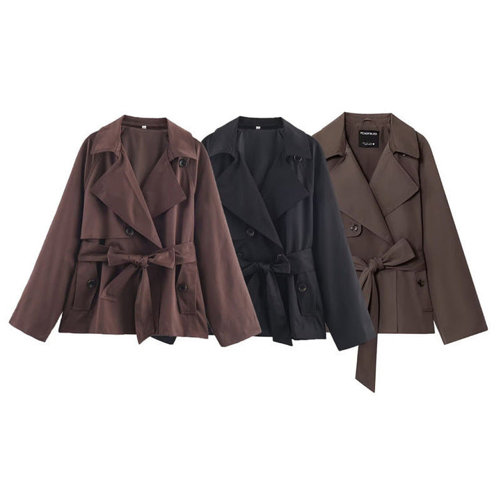 Dam Kort Trenchcoat med Sjalrakrage, Knytbälte och Lockfickor