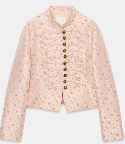 Dam Kort Military Blouson med Mandarin Krage, Dekorativ Cords och Blommig Vävd Texture
