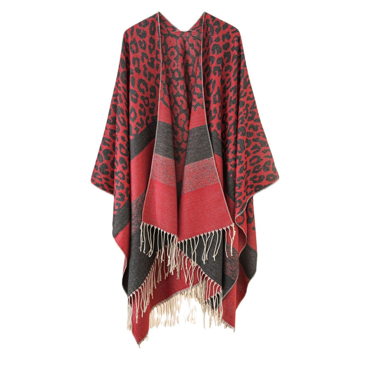 Dam oversized Ruana med Leo Jacquard, fringes, och mjuk ullblandning