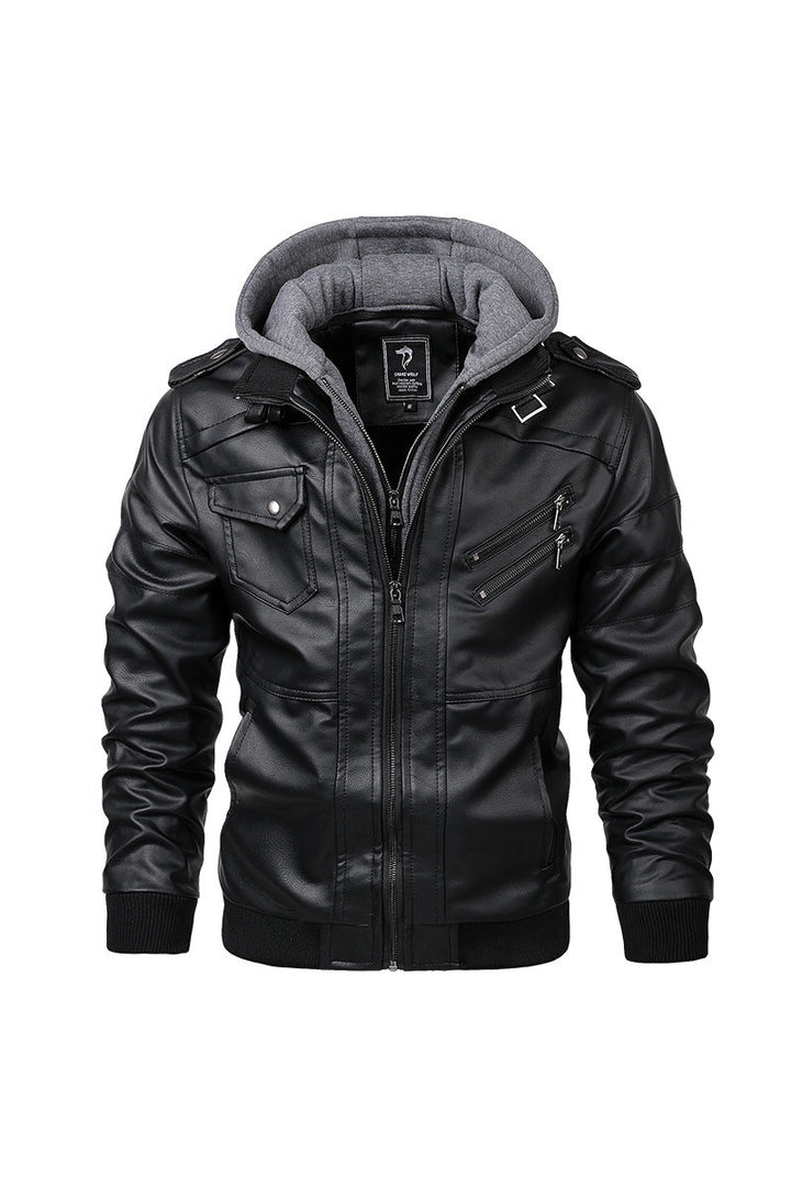 Herr Urban med Huva Läder Jacka i Biker Stil med Dragkedja Detaljer och Ribbad Muddar