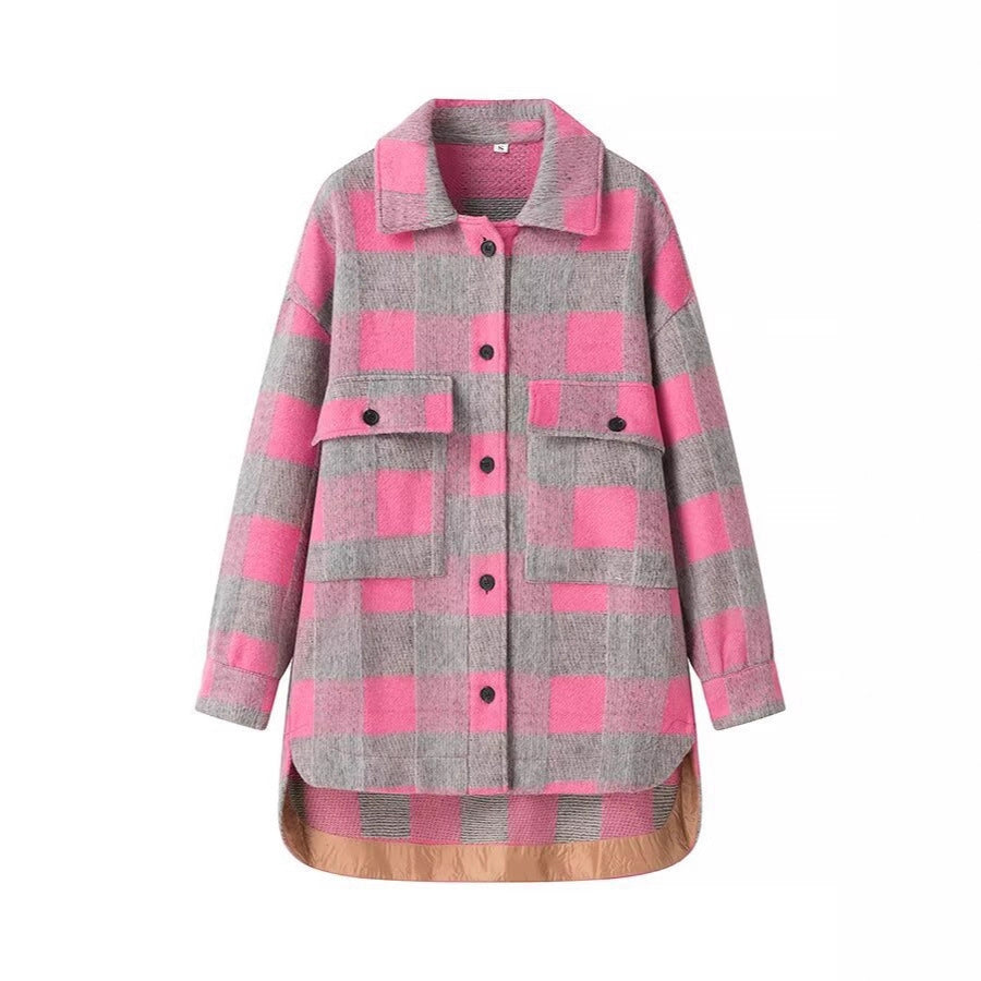 Dam oversize skjortjacka in rutig med stor Flap fickor och Curved fåll