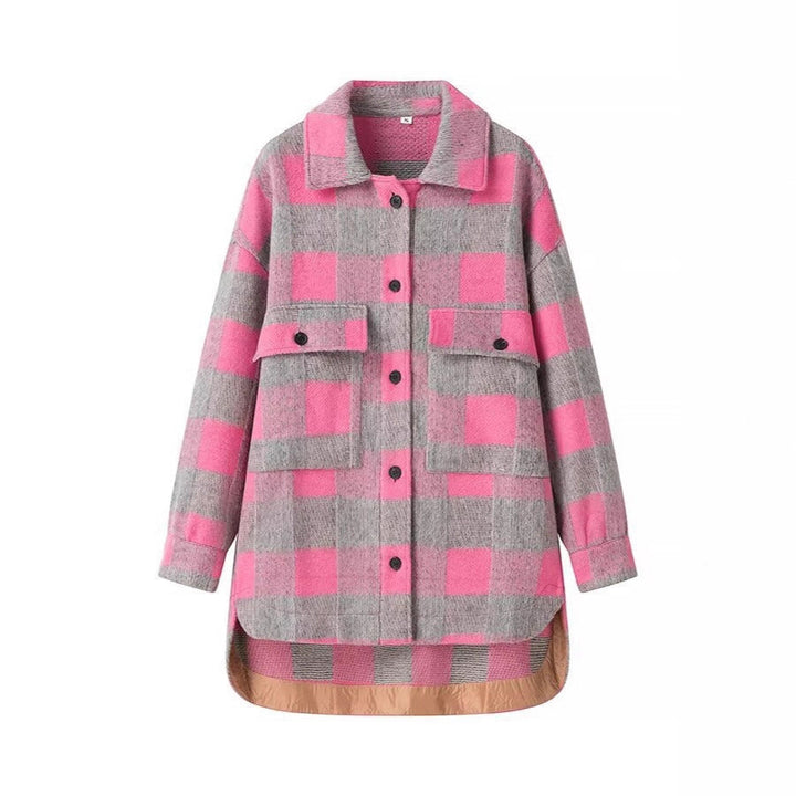 Dam oversize skjortjacka in rutig med stor Flap fickor och Curved fåll