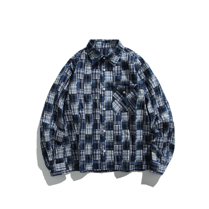 Unisex Patchwork Check Skjorta Jacka i Oversized Boxig Skärning med Bröstficka och Kent Krage