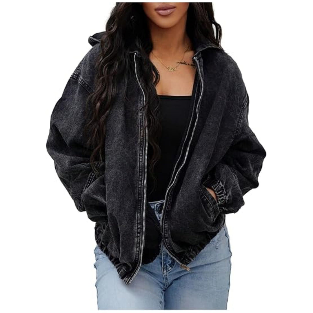 Dam oversize denimjacka med huva, dragkedja och Vintage tvätta
