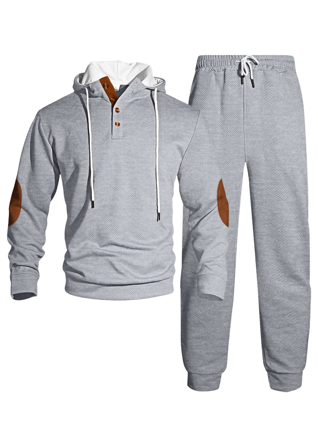 Herr Waffle Structure Henley Luvtröja Set med Wooden Knapplist Elbow Lappar och Tapered Joggingbyxor