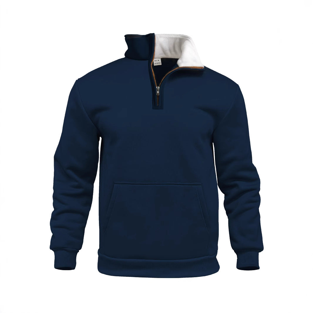 Herr Comfort Halv Dragkedja Sweat med Hög Fleece Krage, Känguruficka och Shape-Stable Ribbad Fåll