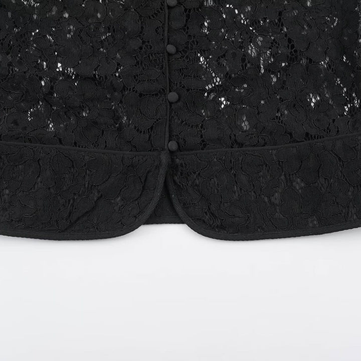 Dam Lace Jacka i Blouse Stil med Stå Krage och Puff Ärmar