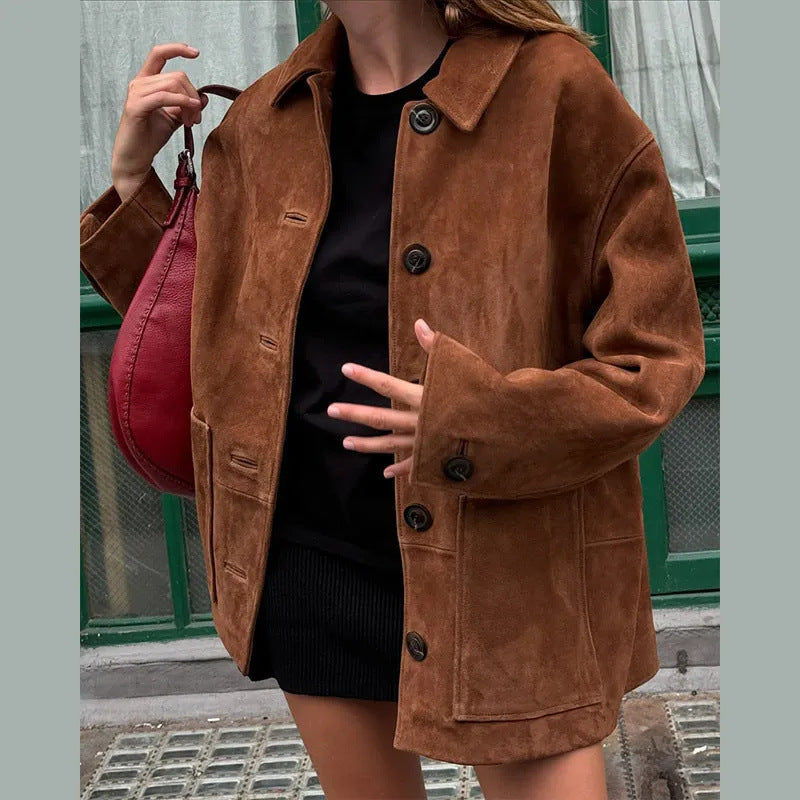 Dam 100+ Oversize Suede Look Blouson Jacka med Patch Fickor och Knapp Knäppning