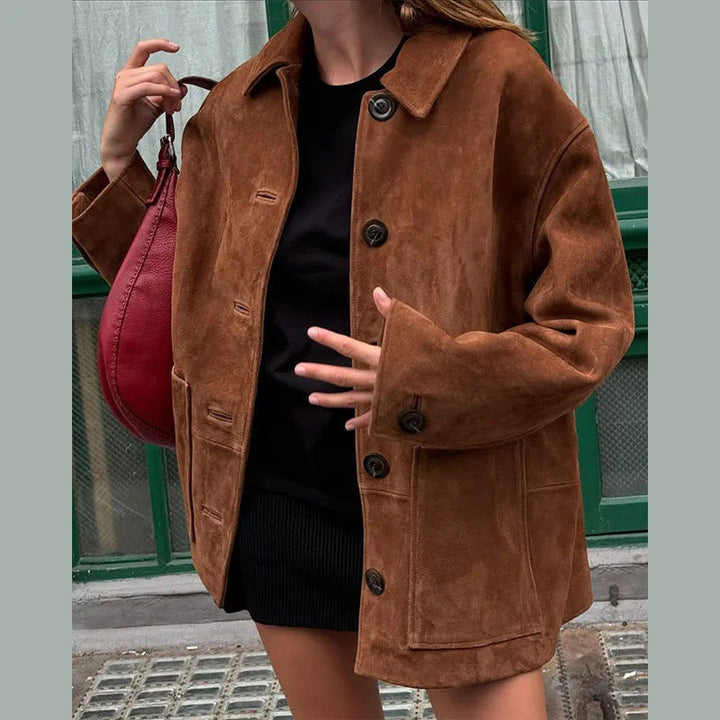 Dam 100+ Oversize Suede Look Blouson Jacka med Patch Fickor och Knapp Knäppning