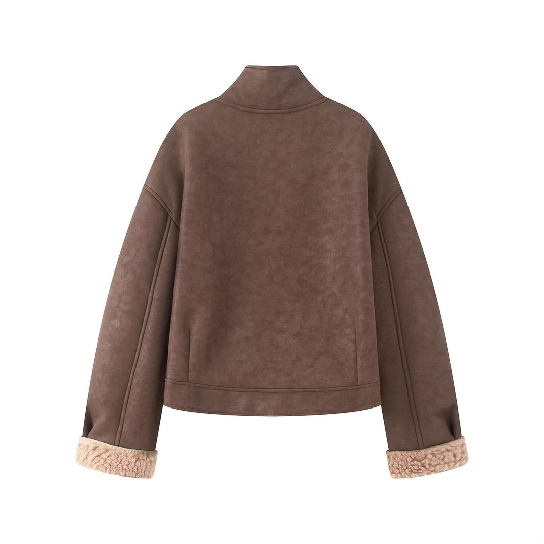 Dam Kort-Skärning Artificial Lambskin Jacka med Ståkrage, Knapp Stängning, och Foldable Faux-Fur Muddar