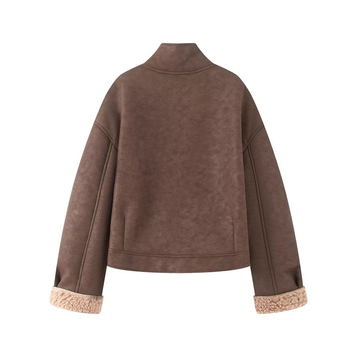 Dam Kort-Skärning Artificial Lambskin Jacka med Ståkrage, Knapp Stängning, och Foldable Faux-Fur Muddar