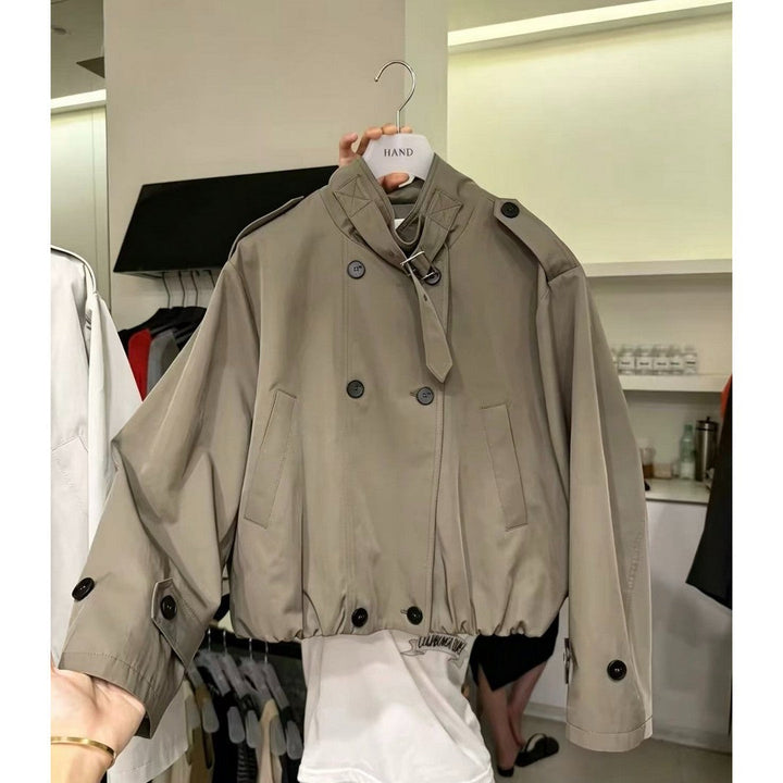 Dam kort Blouson trenchcoat med ståkrage, Double-breasted knappslå och Elastic fåll