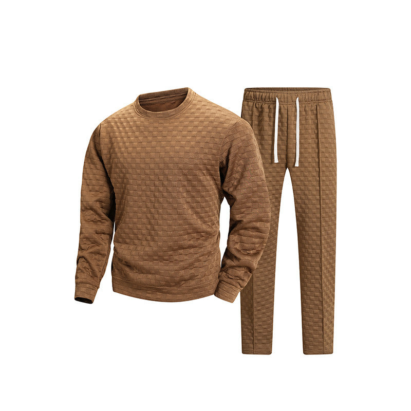 Herr Quiltad Lounge Set med Patterned Structure, Round Neck College-Tröja &amp; Tapered Jogging Byxor