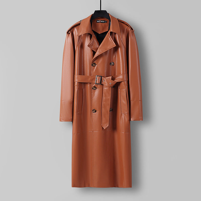 Herr Lång Läderimitation Trench Kappa med Dubbel Breasted, Belted Midja och Axelklaffar