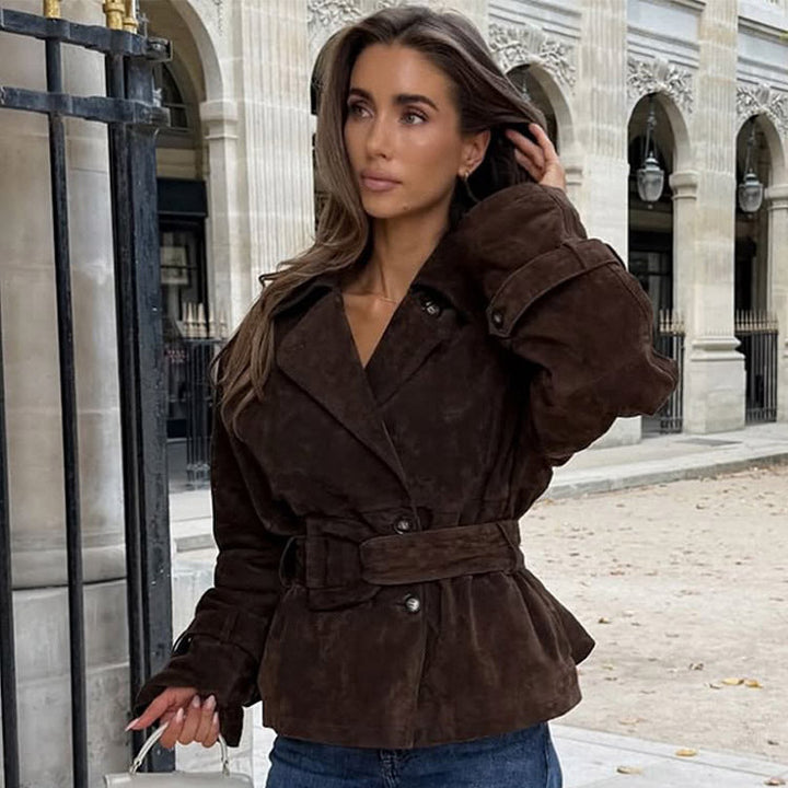 Dam modeable Mocka Jacka med Midja Belt och Voluminous Ärmar