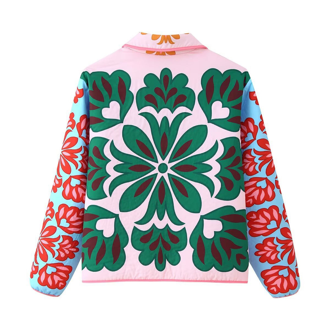Dam 10+ Quiltad Jacka med Folkloric Blommig Tryck och Patch Fickor
