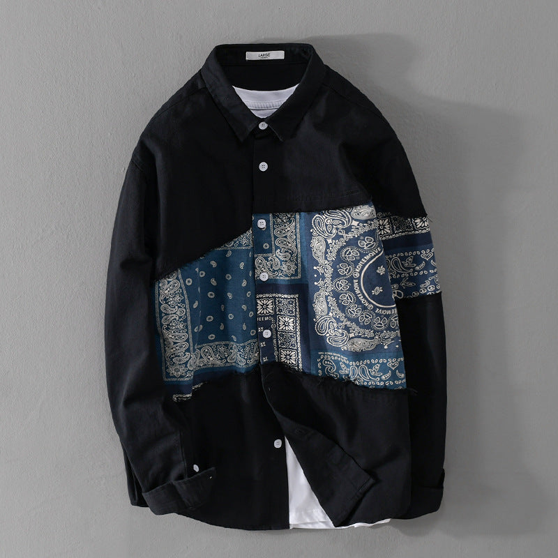 Herr Patchwork Skjortjacka med Bandana Insert, Raw Edges och Lös Passform