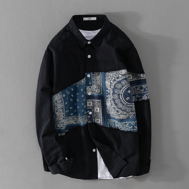 Herr Patchwork Skjortjacka med Bandana Insert, Raw Edges och Lös Passform