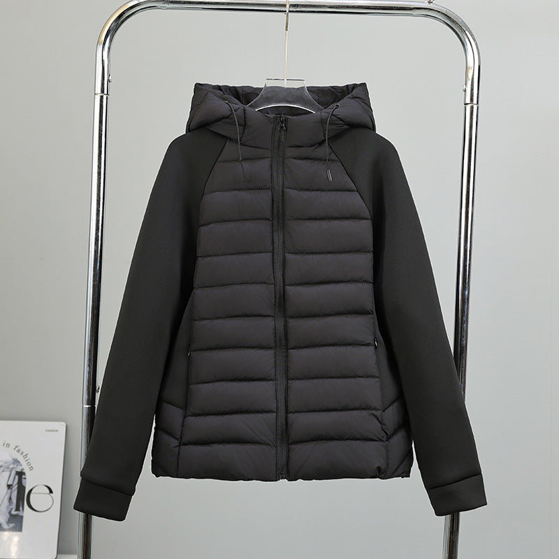Dam nano kviltad hybrid jacka med huva, softshell ärmar och lätt värmeisolering