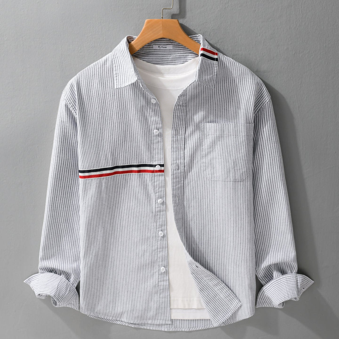 Herr Randig Overshirt Tillverkad av Bomullsblandning med Bröstficka och Sportig Kontrast Tape