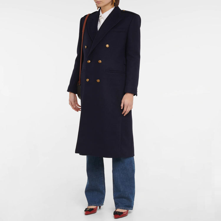 Dam Double-breasted ullblandning lång kappa med Epaulettes och Structured Tailoring silhuett