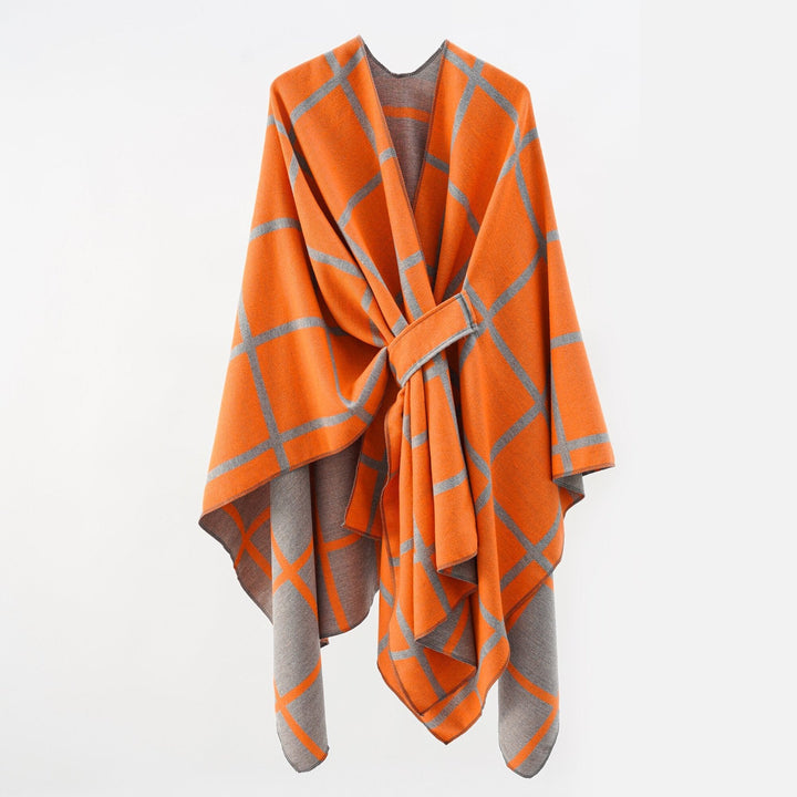 Dam Oversize ullblandning poncho med bälte och Check mönster