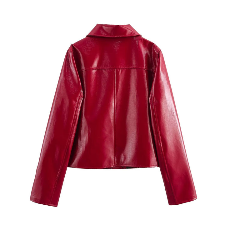 Dam Shiny Konstläder Blouse Jacka i Boxig Skärning med Skjortkrage