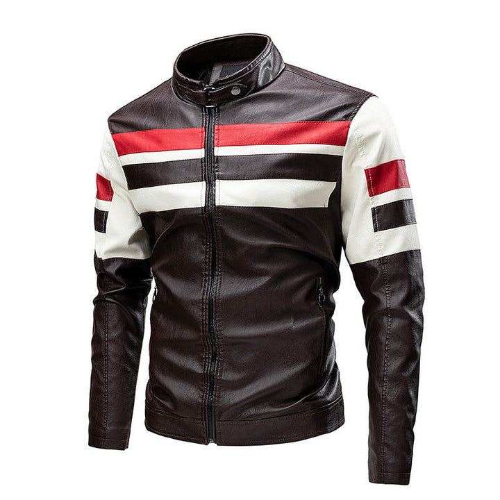 Herr retro-inspired motorcycle läder jacka med racing ränder och ståkrage