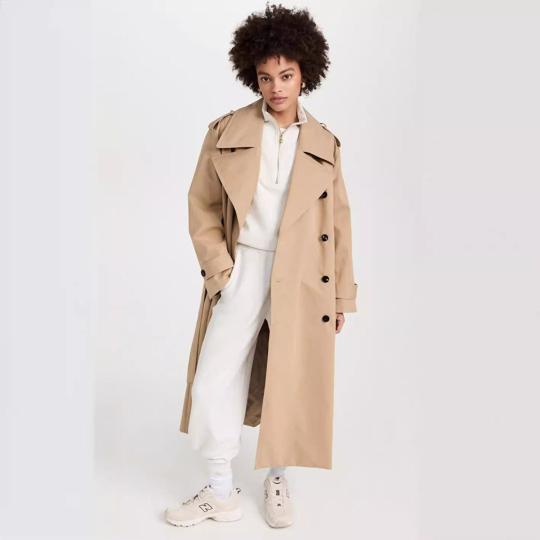 Dam lång trenchcoat gjord bomull Blend med Double-Breasted knappslå, midjebälte och Shoulder Flaps