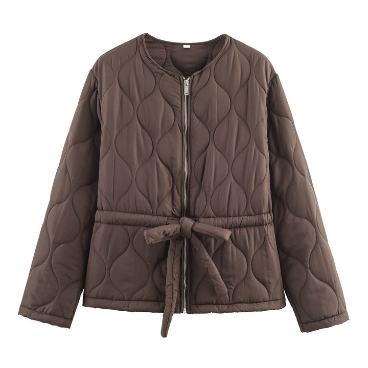 Dam non-quiltad kort jacka med round neckline, full-length dragkedja och midjebälte