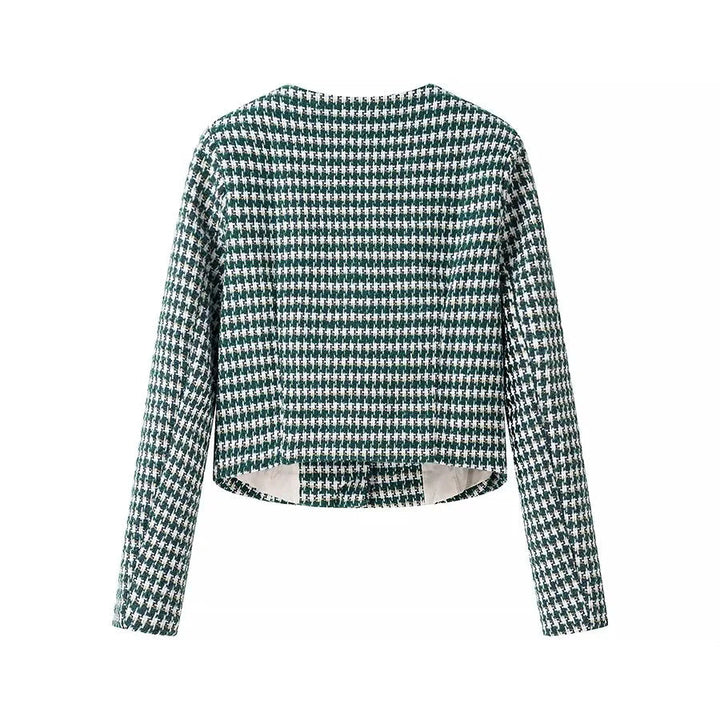 Dam kort bouclé blazer i cropped stil med houndstooth mönster, round neckline och decorative knappar