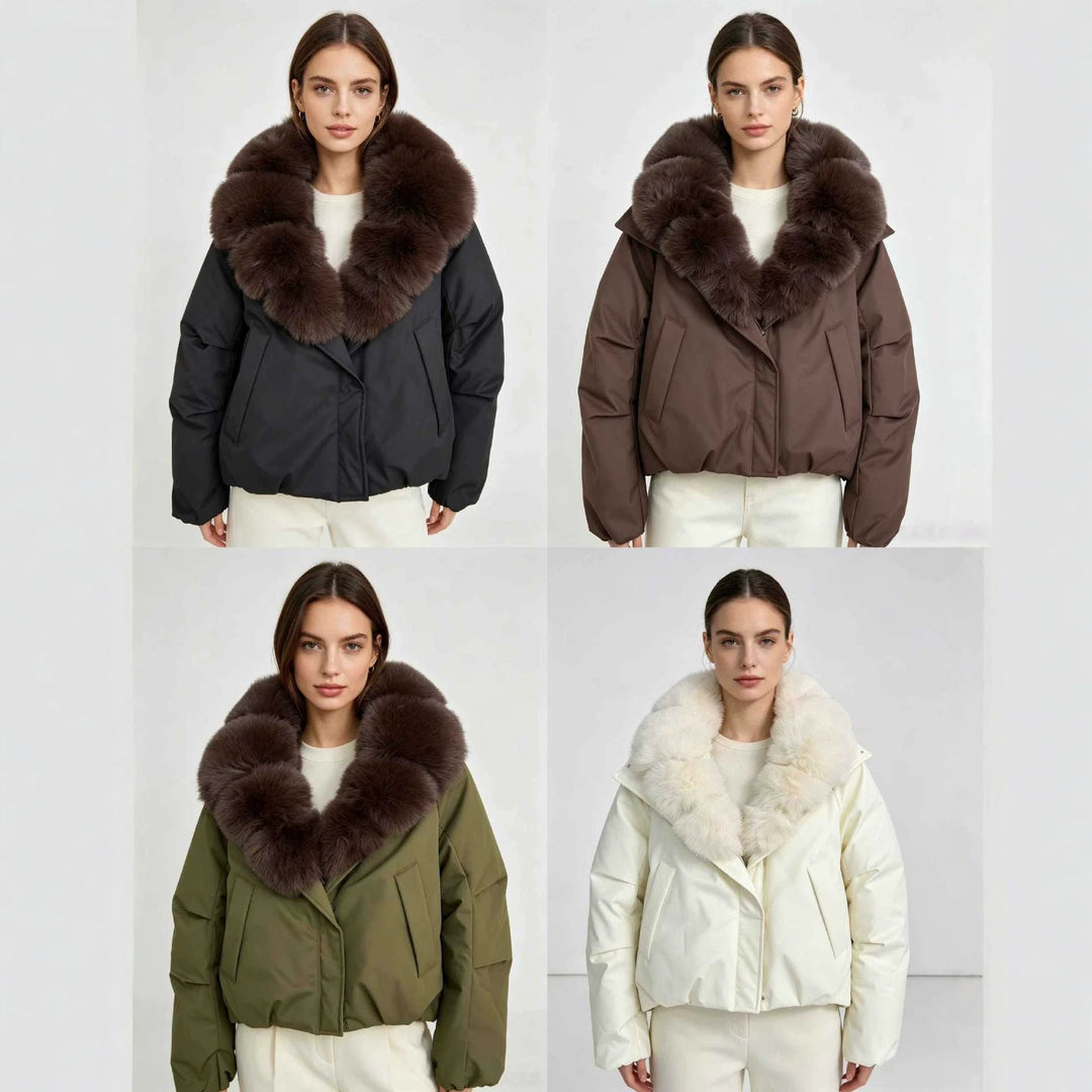Dam nan kort thermal kviltad jacka med voluminous removable faux fur krage och skräddad fåll