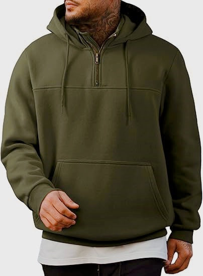 Herr med Huva Pullover med Halv Dragkedja, Känguruficka och Ribbstickade Muddar