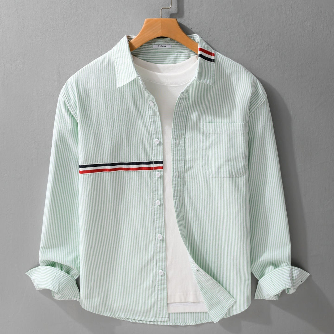 Herr Randig Overshirt Tillverkad av Bomullsblandning med Bröstficka och Sportig Kontrast Tape