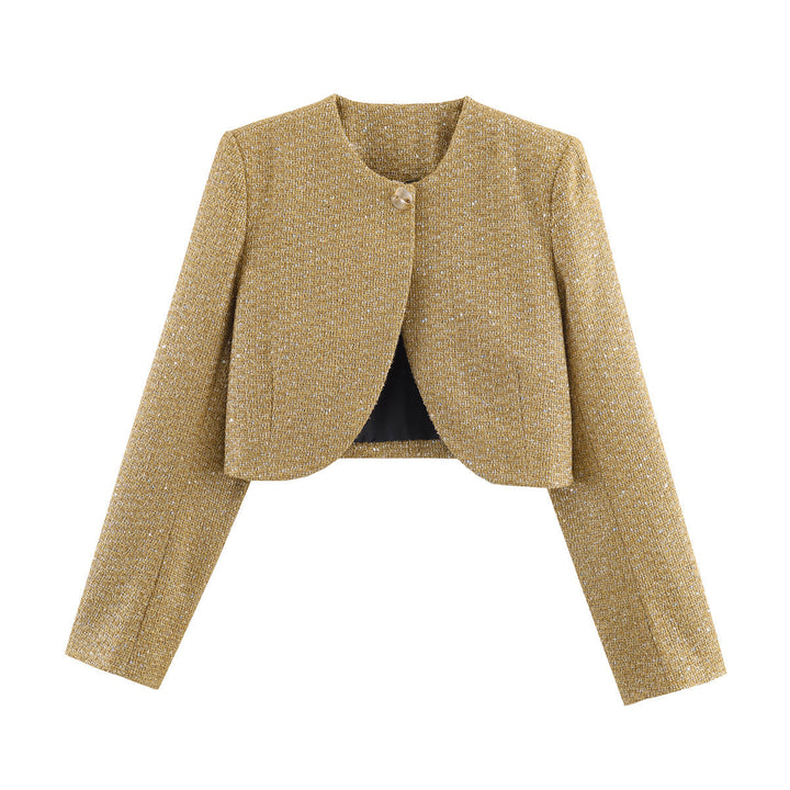 Dam Kort Skärning Bouclé Kort Jacka med Round Neckline och Single Knapp Stängning