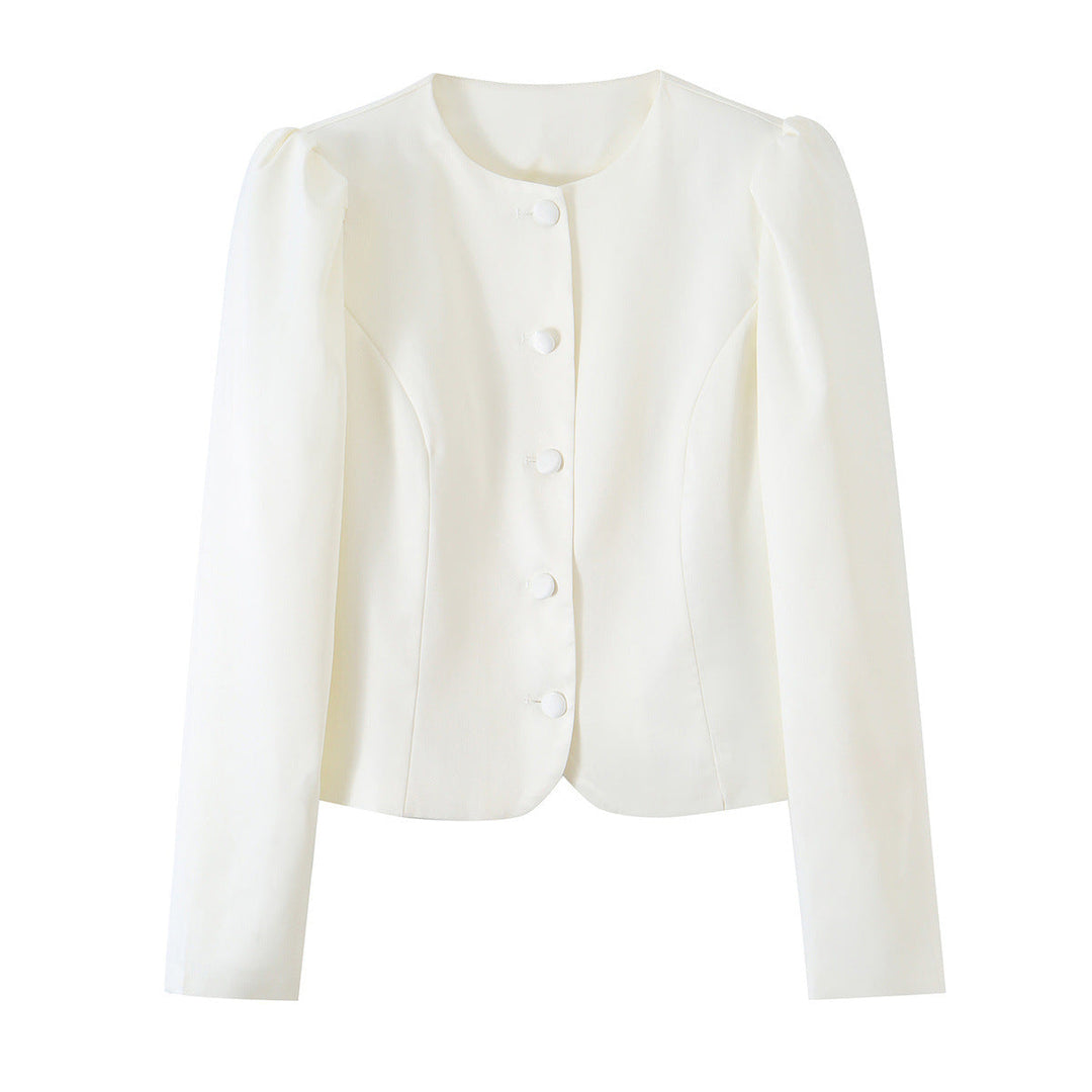 Dam Fitted Blouse Jacka med Round Neckline, Puff Shoulders och Dold Knapp Knäppning