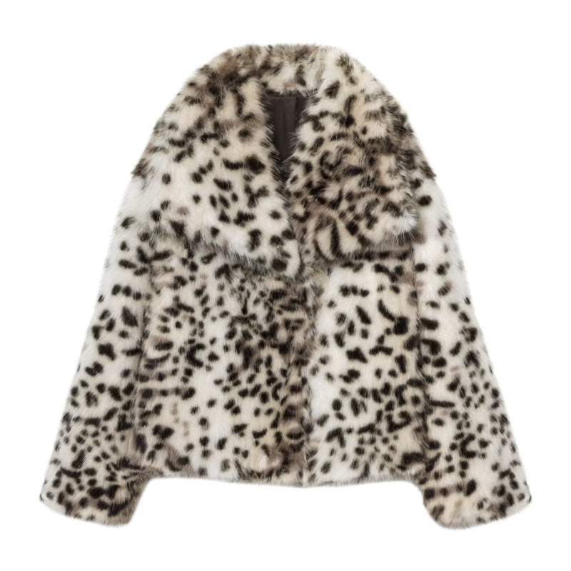 Dam Kort Jacka Gjord av Konstpäls i Snow Leopardmönster med Breda Slag