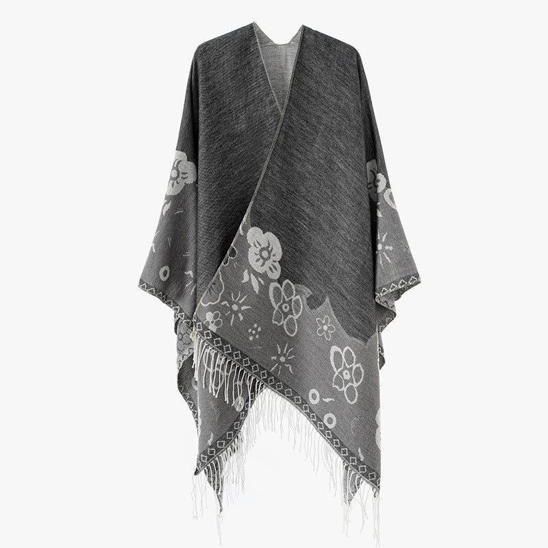 Dam kimono-stil oversized poncho tillverkad av Jacquard stickad med Floral Border design och fransfåll