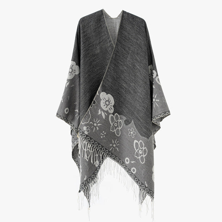 Dam kimono-stil oversized poncho tillverkad av Jacquard stickad med Floral Border design och fransfåll