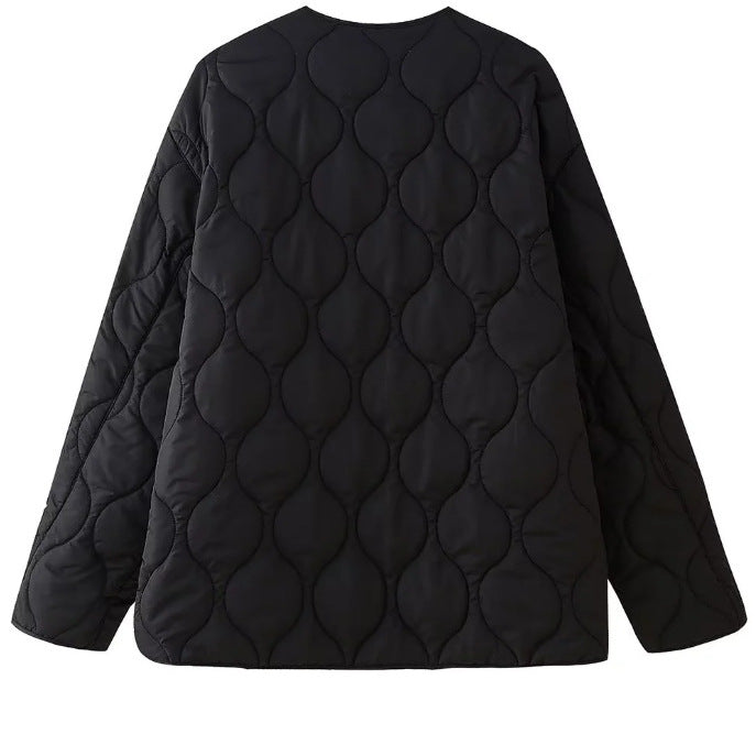 Dam Quiltad Vadderad Jacka med Ties och Round Neckline