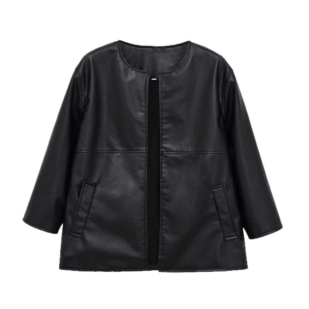 Dam Collarless Oversize Jacka i Konstläder med Round Neckline
