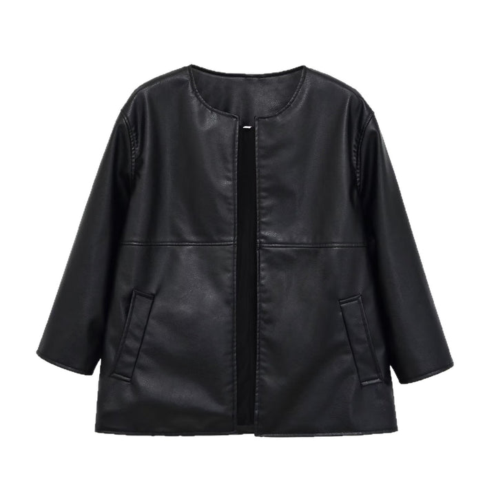Dam Collarless Oversize Jacka i Konstläder med Round Neckline