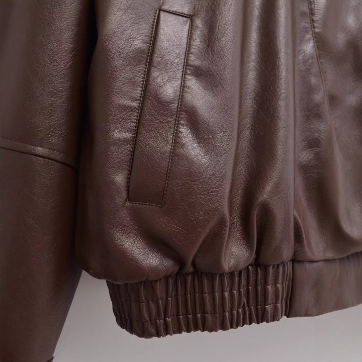 Dam oversize konstläder jacka med skjortkrage, hel Zip och Elastic fåll