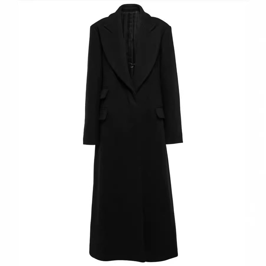 Dam Floor-Length lång modell Single-Breasted ullblandning kappa med Distinctive Shoulder design