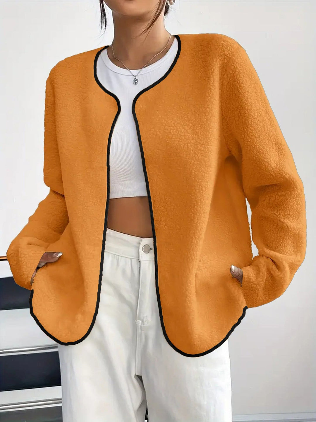 Dam kort jacka Teddy fleece kofta utan Closure med rund hals